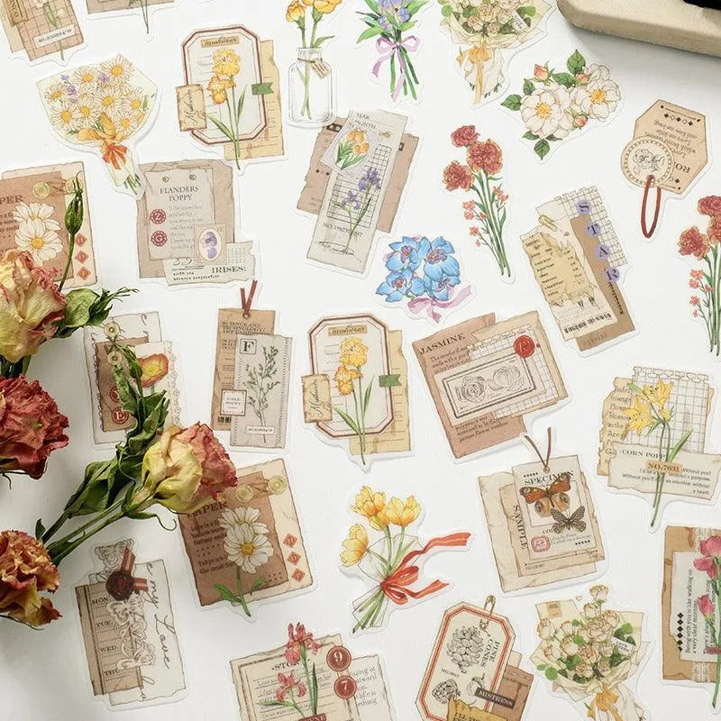 Vintage Botanical Sticker Pack - 30 Pcs Retro Flower Adhesive Stickers