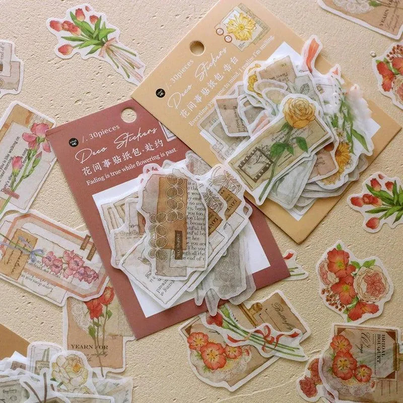 Vintage Botanical Sticker Pack - 30 Pcs Retro Flower Adhesive Stickers