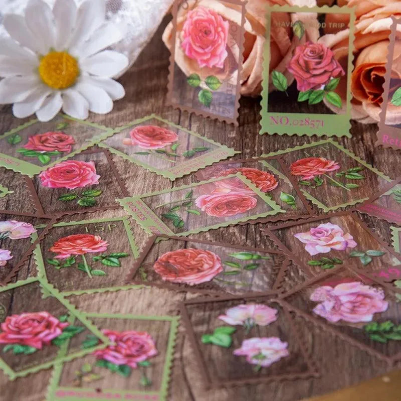 Vintage Flower Stamp Sticker Pack - 40 Pcs Botanical PET Stickers