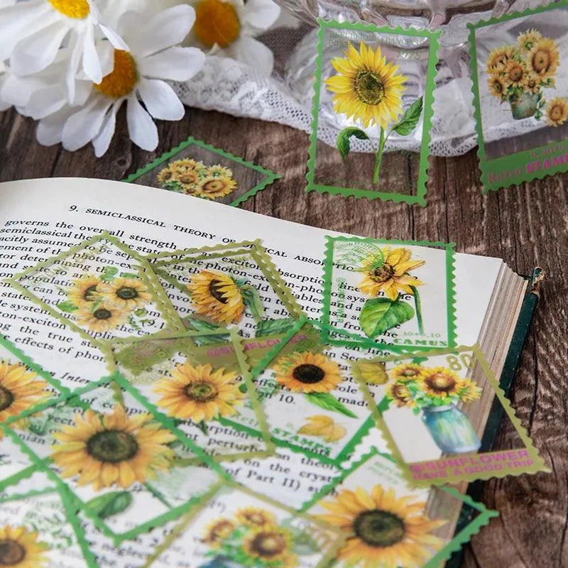 Vintage Flower Stamp Sticker Pack - 40 Pcs Botanical PET Stickers