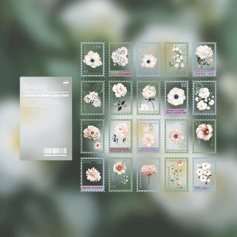 Vintage Flower Stamp Sticker Pack - 40 Pcs Botanical PET Stickers
