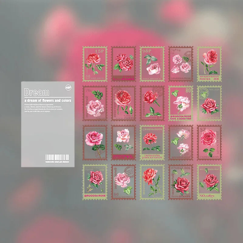 Vintage Flower Stamp Sticker Pack - 40 Pcs Botanical PET Stickers