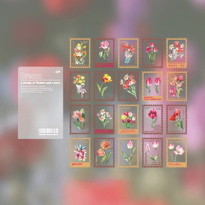 Vintage Flower Stamp Sticker Pack - 40 Pcs Botanical PET Stickers