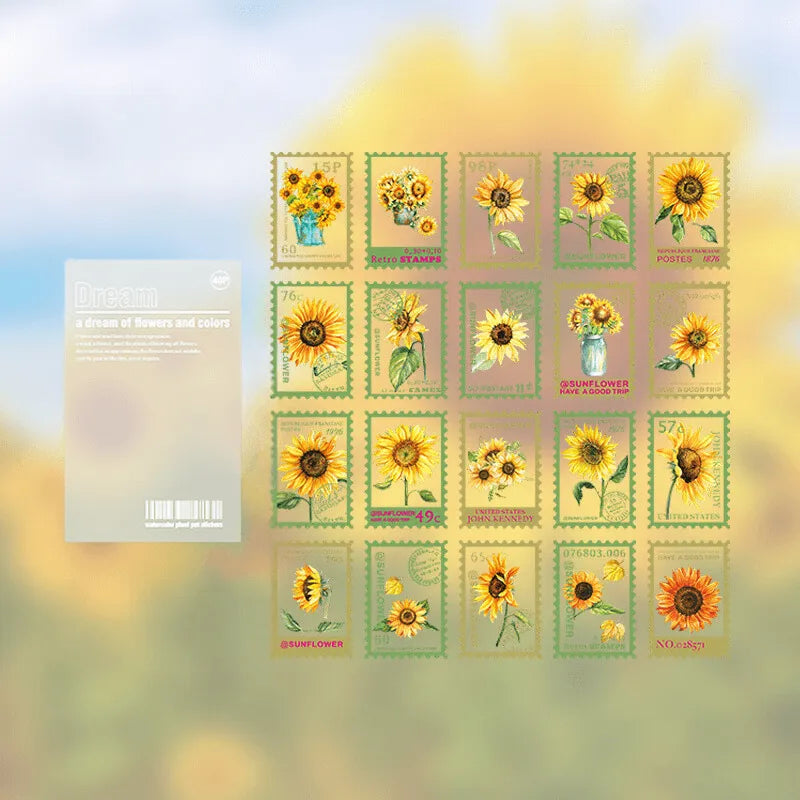 Vintage Flower Stamp Sticker Pack - 40 Pcs Botanical PET Stickers