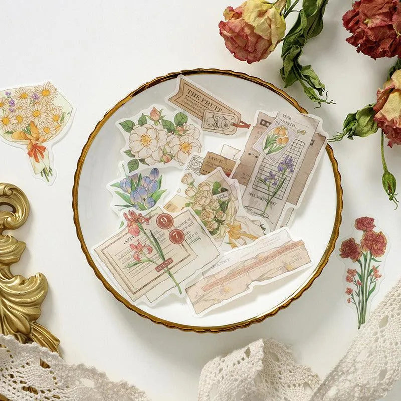 Vintage Botanical Sticker Pack - 30 Pcs Retro Flower Adhesive Stickers