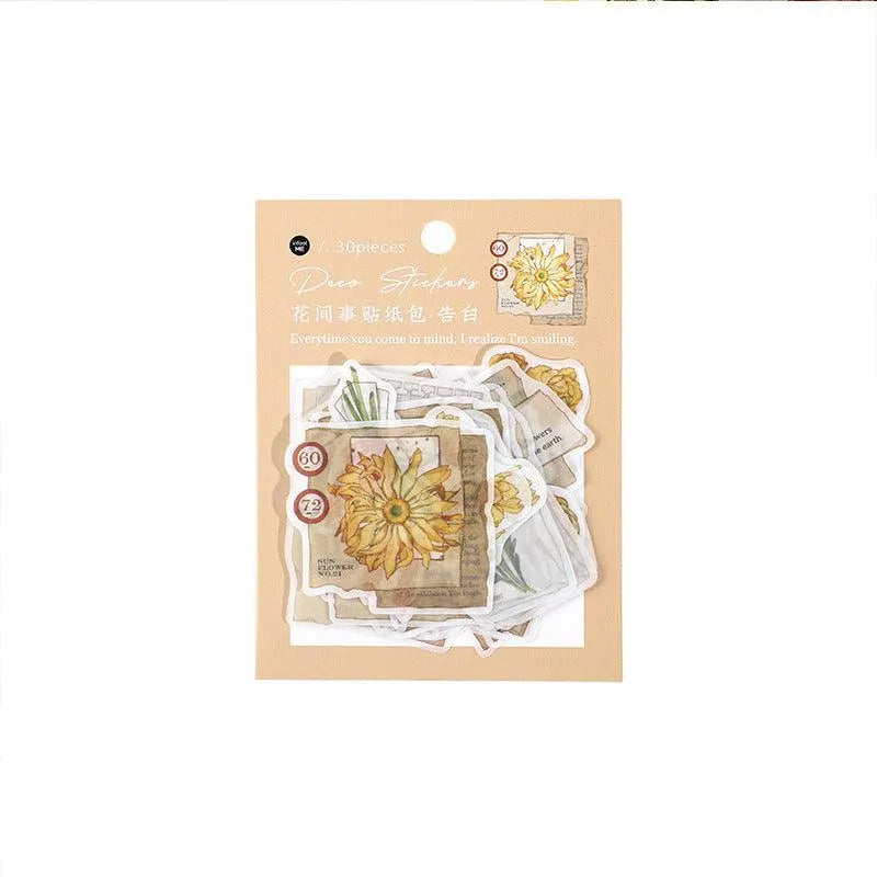 Vintage Botanical Sticker Pack - 30 Pcs Retro Flower Adhesive Stickers