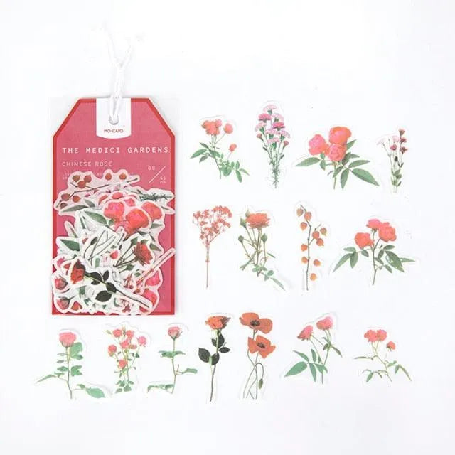 The Medici Gardens Sticker Pack - 45 Pcs Botanical Washi Stickers