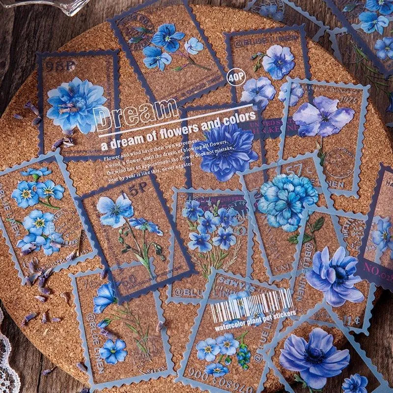 Vintage Flower Stamp Sticker Pack - 40 Pcs Botanical PET Stickers
