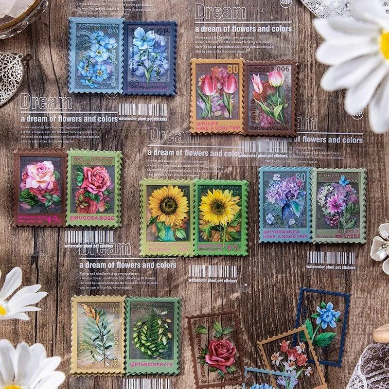 Vintage Flower Stamp Sticker Pack - 40 Pcs Botanical PET Stickers
