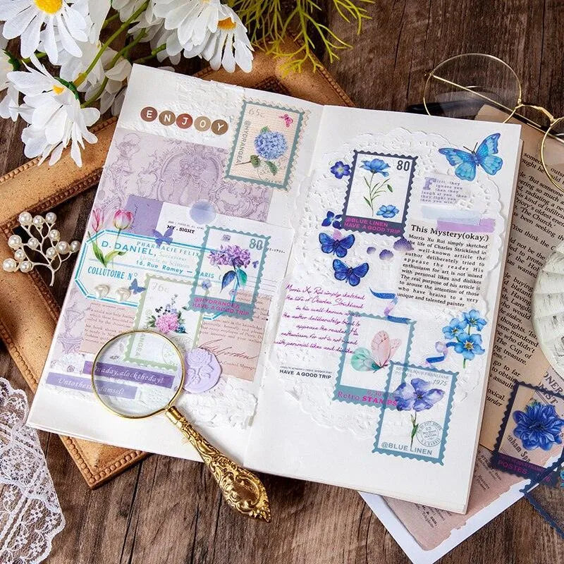 Vintage Flower Stamp Sticker Pack - 40 Pcs Botanical PET Stickers