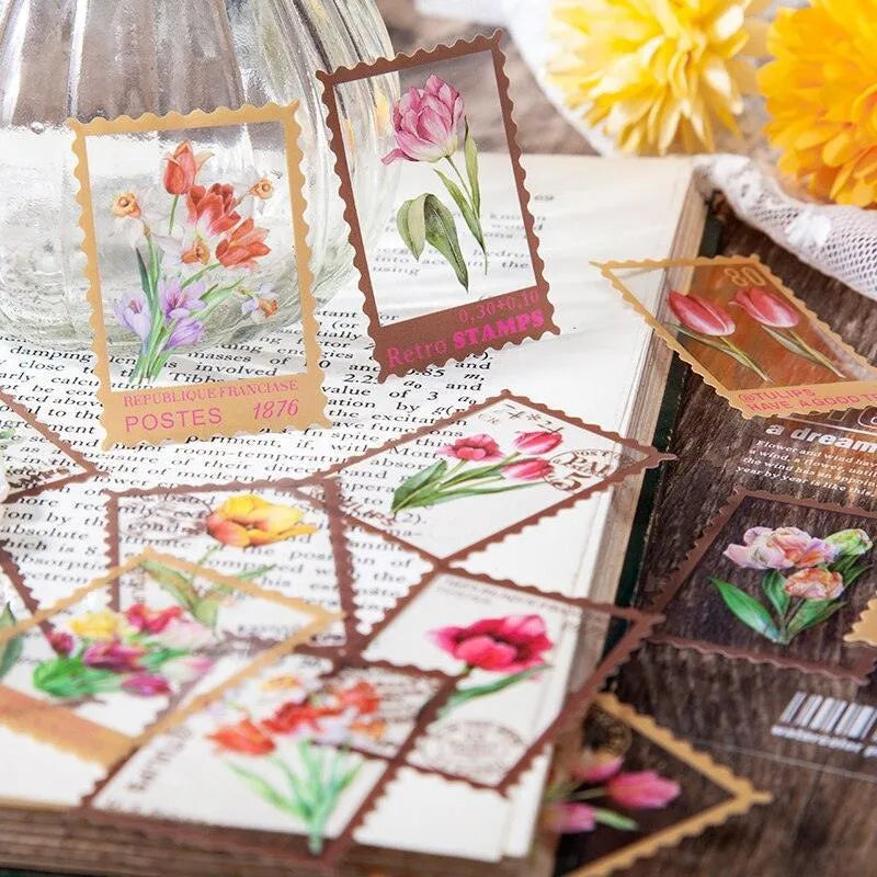Vintage Flower Stamp Sticker Pack - 40 Pcs Botanical PET Stickers