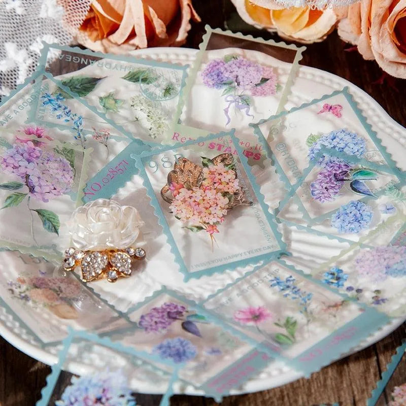 Vintage Flower Stamp Sticker Pack - 40 Pcs Botanical PET Stickers