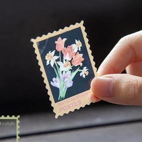 Vintage Flower Stamp Sticker Pack - 40 Pcs Botanical PET Stickers