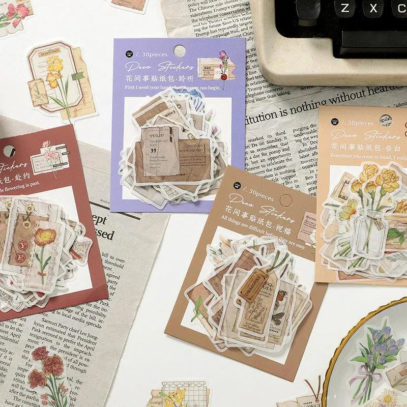Vintage Botanical Sticker Pack - 30 Pcs Retro Flower Adhesive Stickers